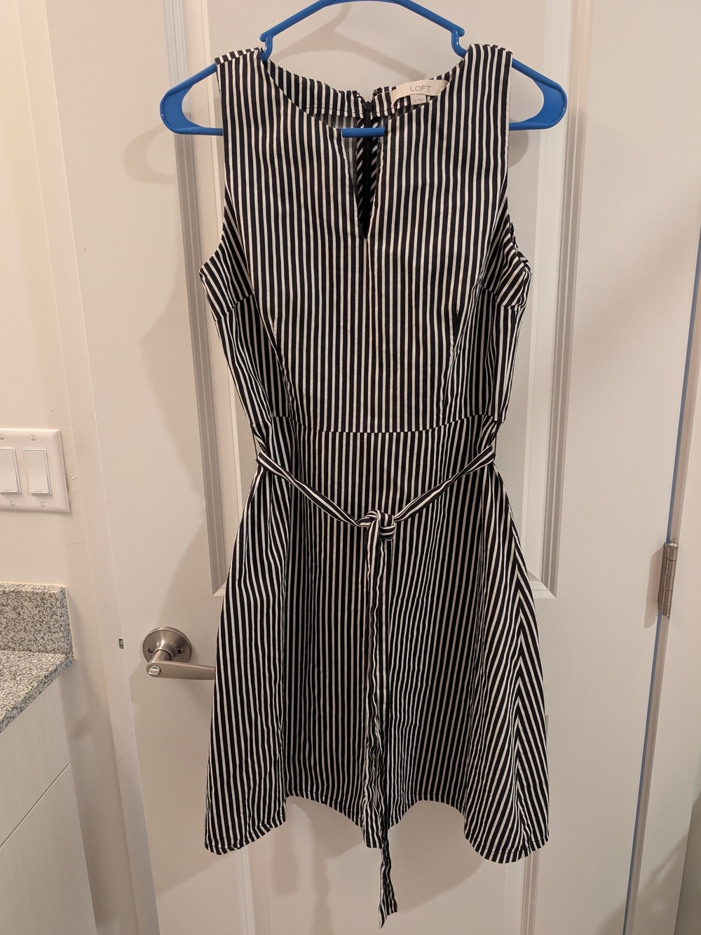 LOFT Black & White Vertical-Striped Sleeveless Dress with Tie Belt